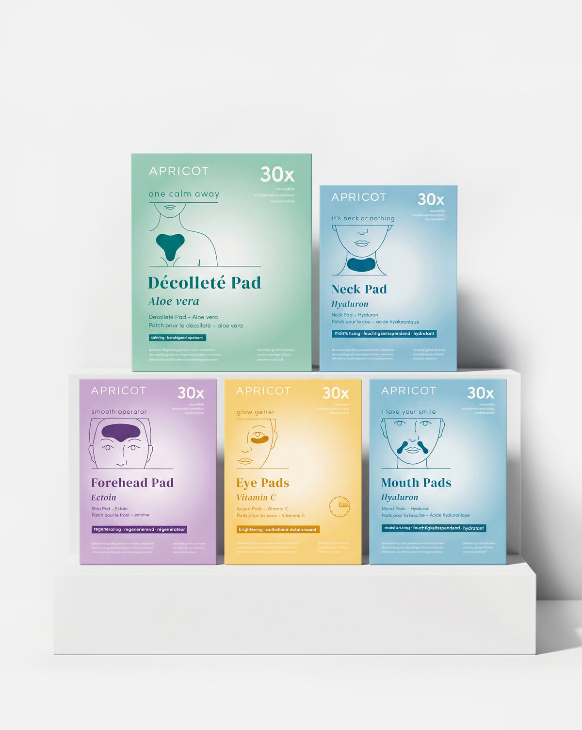 APRICOT Beauty-Set bestehend aus Aloe vera Dekolleté Pad, Hyaluron Hals Pad, Ectoin Stirn Pad, Vitamin C Augenpads und Hyaluron Mund Pads