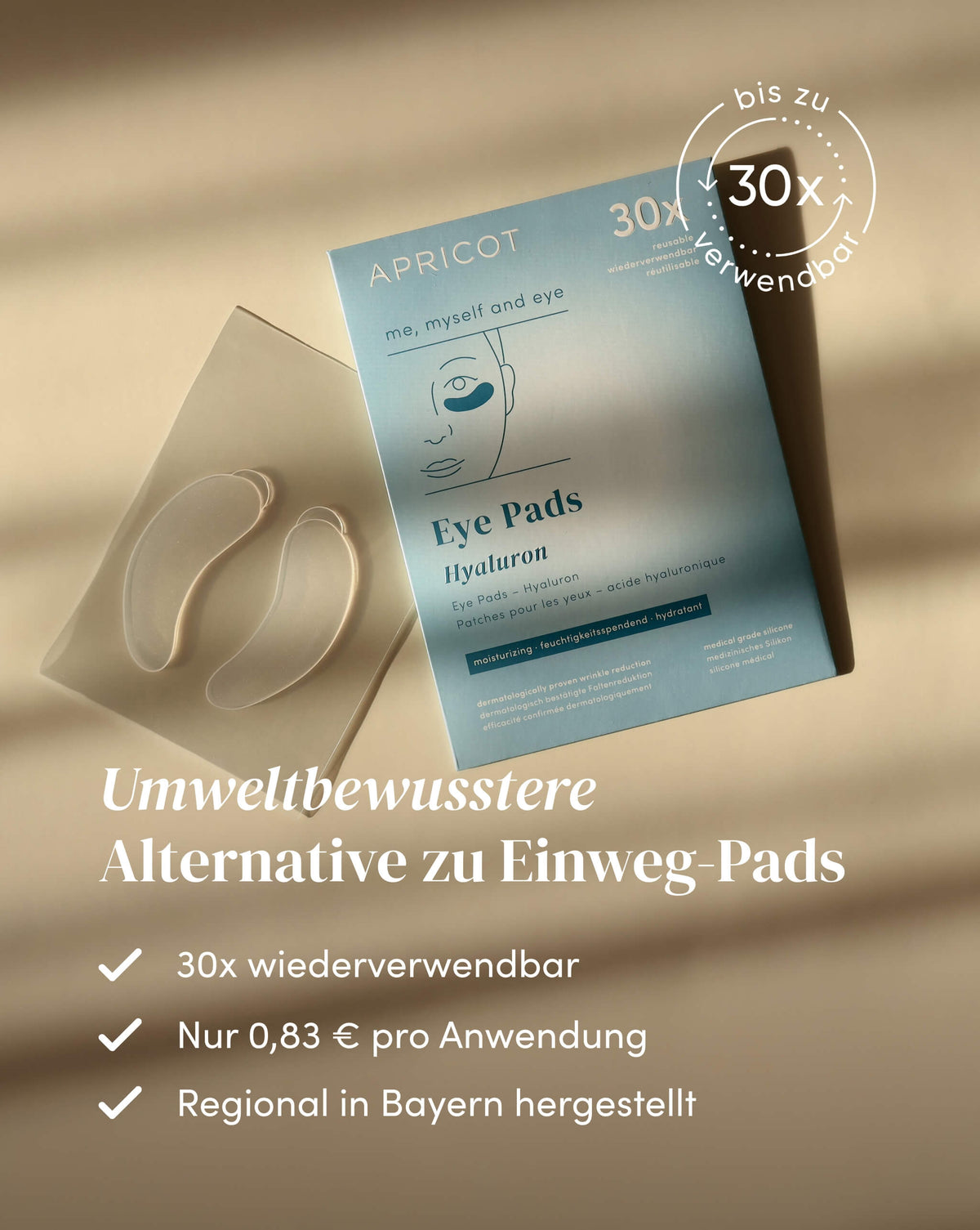 Wiederverwendbare APRICOT Silikon-Augenpads mit Hyaluron, bis zu 30 Anwendungen