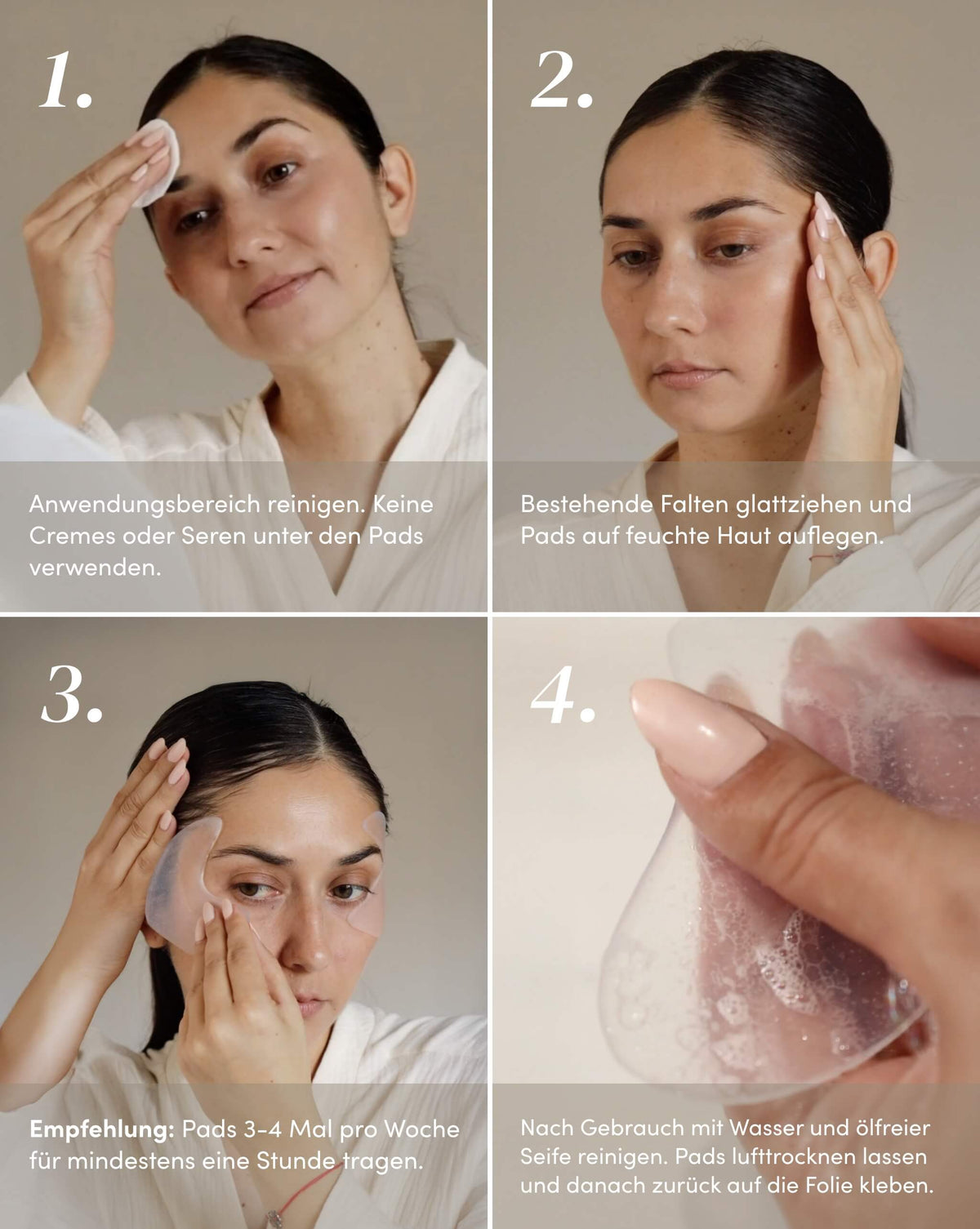 Anwendung der APRICOT Silikon-Augenpads mit Hyaluron an der Augen- und Schläfenpartie