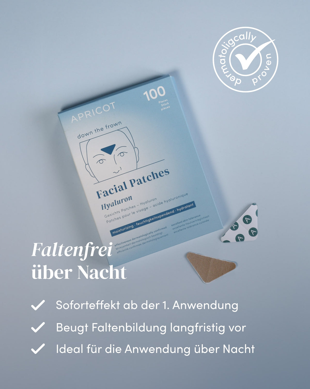 APRICOT Zornesfalten Patches mit Hyaluron, ideal für die Anwendung über Nacht zur langfristigen Vorbeugung der Faltenbildung