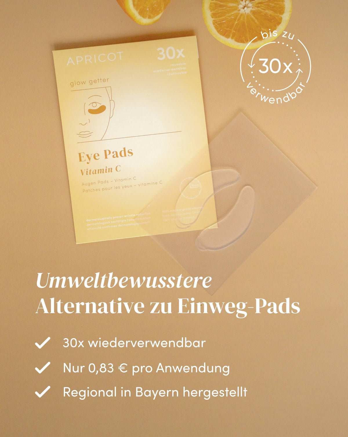 Wiederverwendbare APRICOT Silikon-Augenpads mit Vitamin C, bis zu 30 Anwendungen