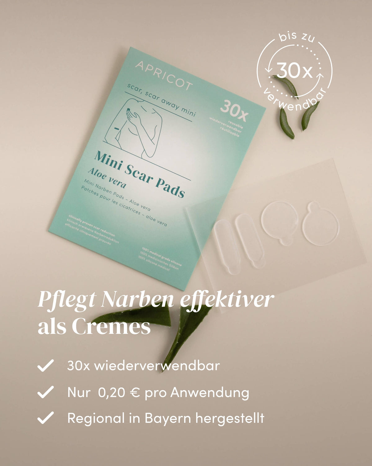 Wiederverwendbare APRICOT Silikon-Narben Pads mit Aloe vera, bis zu 30 Anwendungen