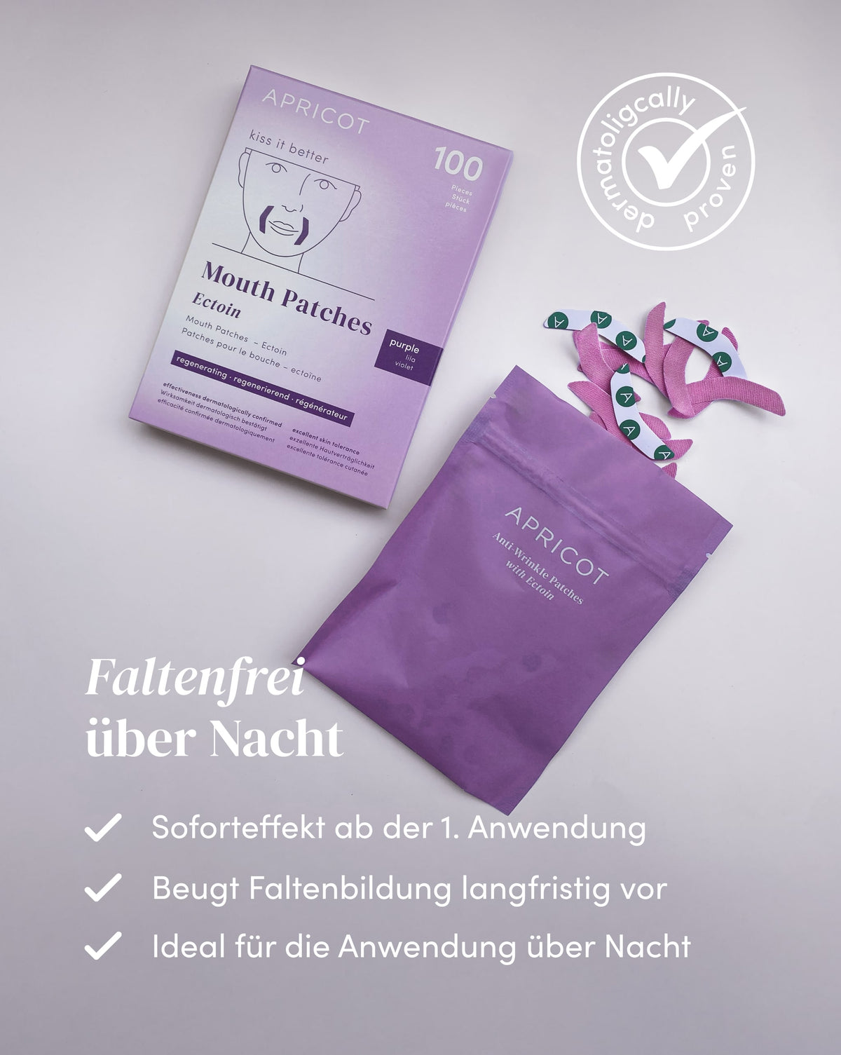 APRICOT Mund Patches mit Ectoin, ideal für die Anwendung über Nacht zur langfristigen Vorbeugung der Faltenbildung