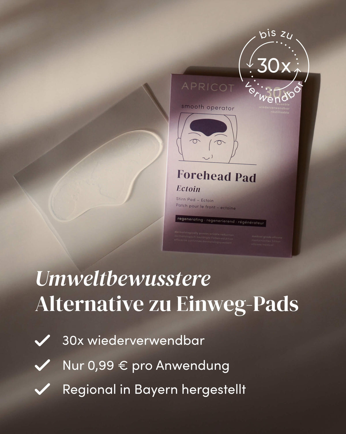 Wiederverwendbares APRICOT Silikon-Stirn Pad mit Ectoin, bis zu 30 Anwendungen