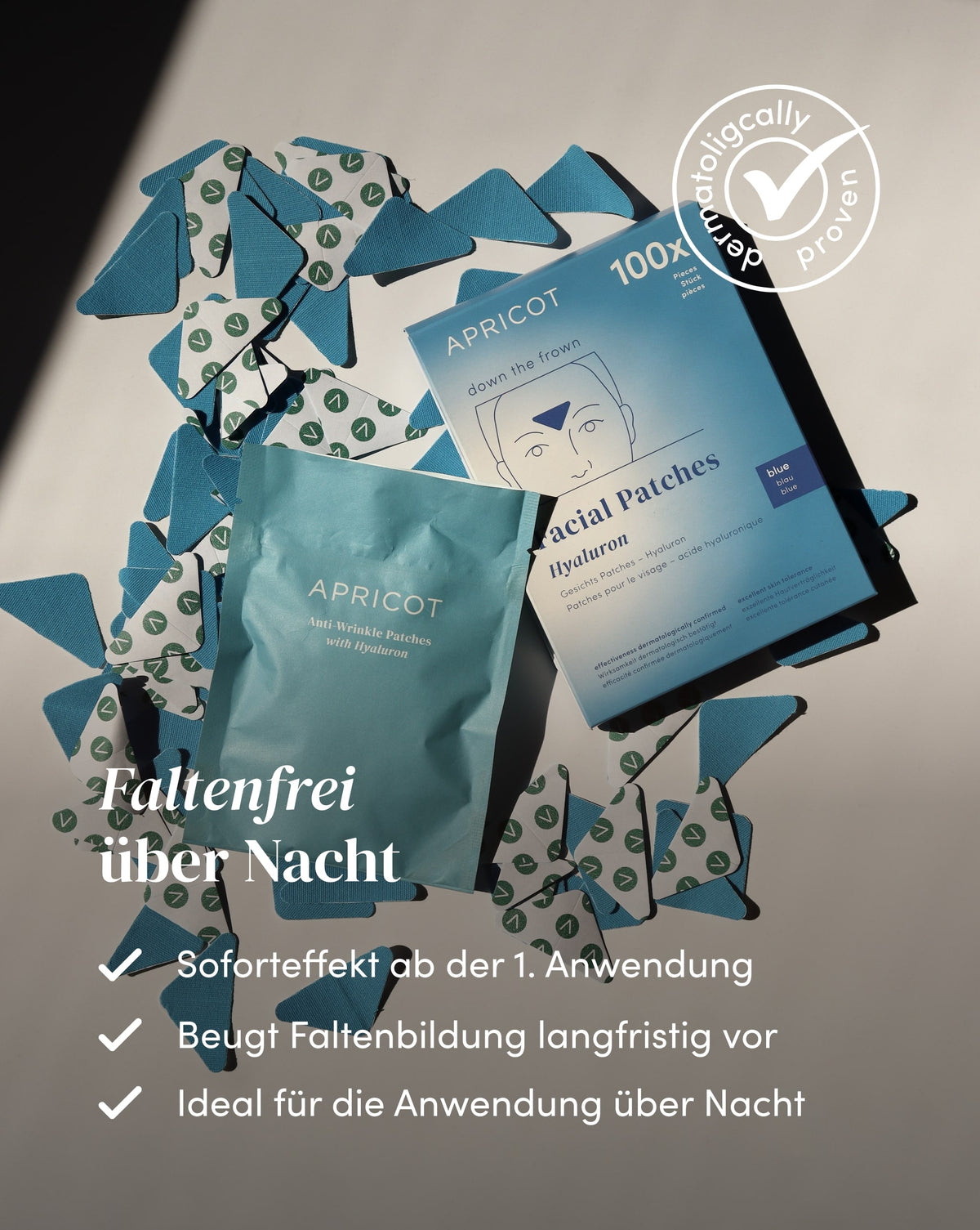 APRICOT Zornesfalten Patches mit Hyaluron, ideal für die Anwendung über Nacht zur langfristigen Vorbeugung der Faltenbildung