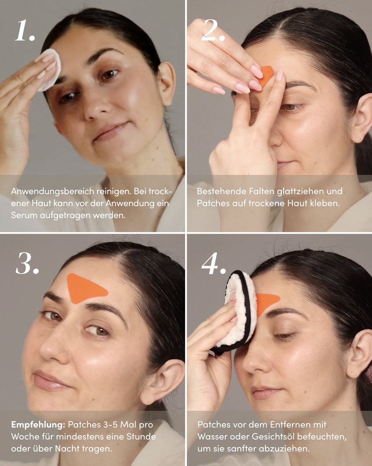 Anwendung der APRICOT Zornesfalten Patches mit Niacinamid an der Stirnpartie