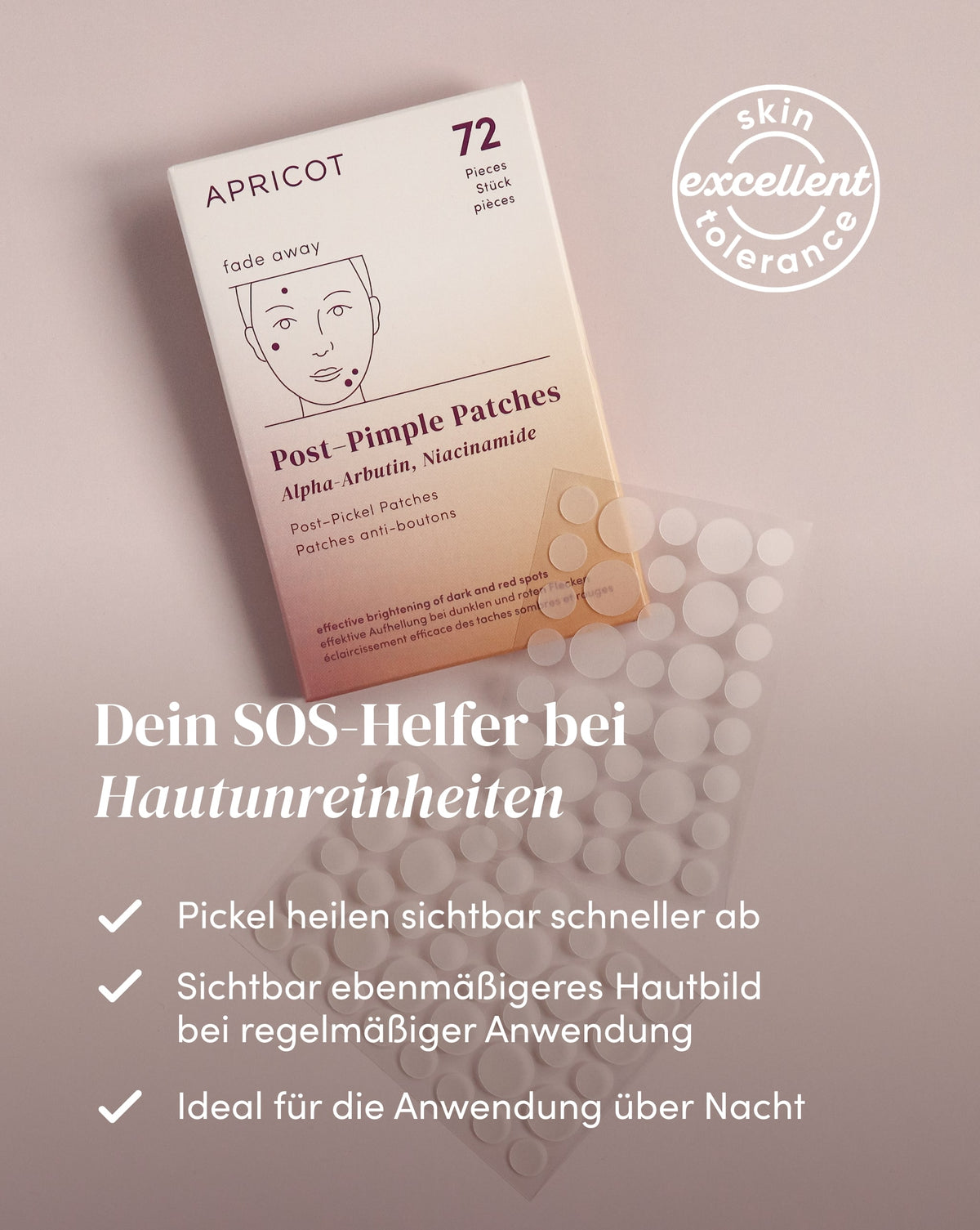 APRICOT Post-Pickel Patches mit Alpha-Arbutin und Niacinamid, ideal für die Anwendung über Nacht für ein sichtbar ebenmäßigeres Hautbild